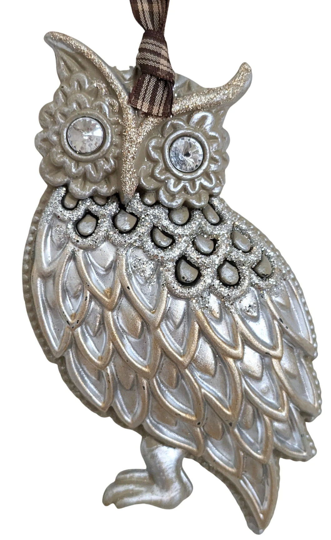 Glittered Rustic Silver Owl Ornament