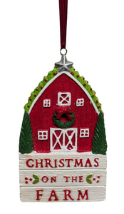 Red Barn Ornament With Christmas Wreath & Evergreen Trees- Christmas on The Farm