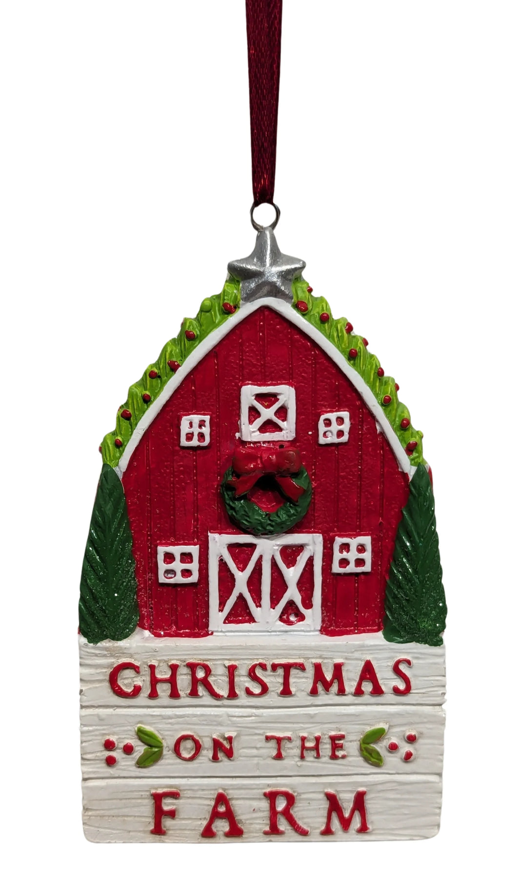 Red Barn Ornament With Christmas Wreath & Evergreen Trees- Christmas on The Farm