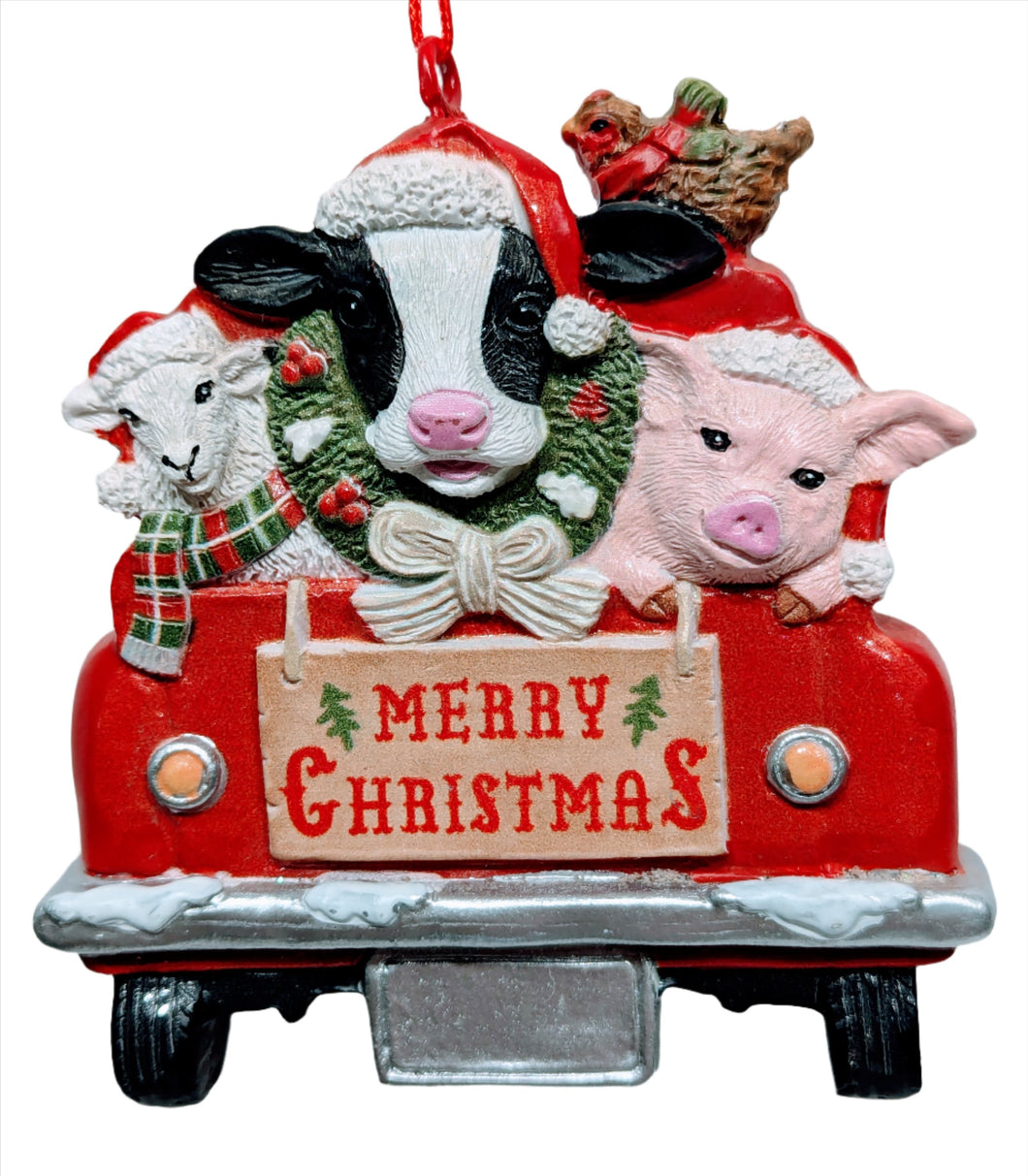 Farm Animals in Red Truck Ornament - Merry Christmas