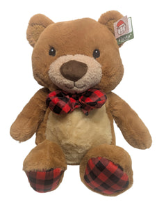 Plush Christmas Brown Bear with Red Plaid Bow