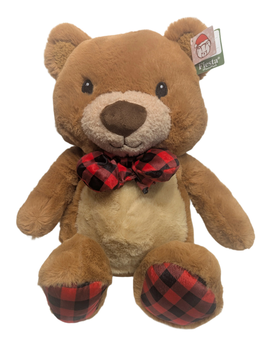 Plush Christmas Brown Bear with Red Plaid Bow