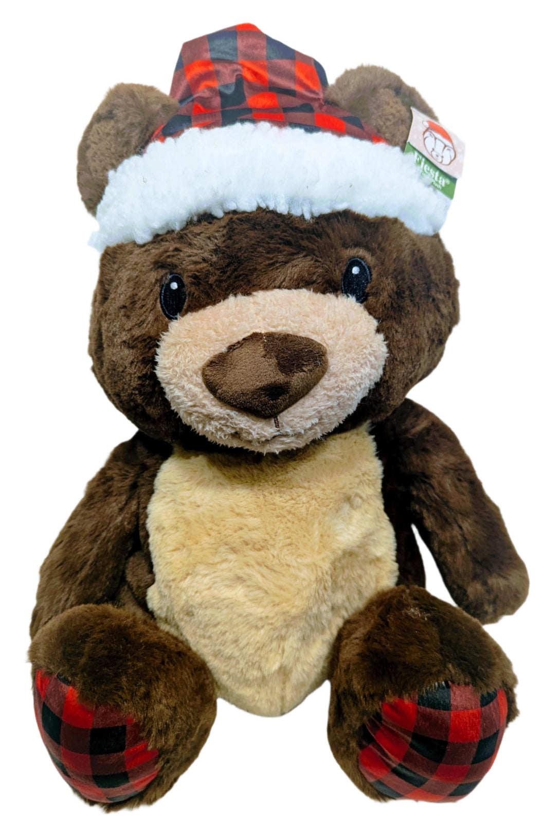 Plush Christmas Brown Bear Wearing Red Plaid Santa Hat
