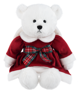 Plush Christmas Angel Bear Wearing Red Christmas Dress With Red Plaid Bow