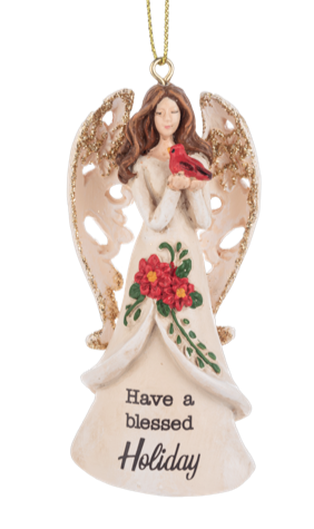 Angel Ornament Holding Red Cardinal - Have A Blessed Holiday
