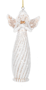 White Glittered Angel Ornament Holding a Gold Heart