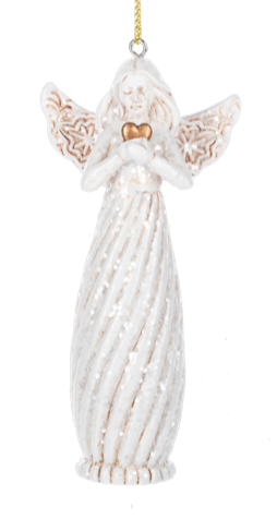 White Glittered Angel Ornament Holding a Gold Heart