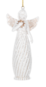 White Glittered Angel Ornament Holding a Gold Star