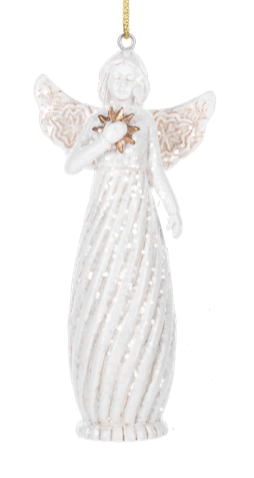 White Glittered Angel Ornament Holding a Gold Star