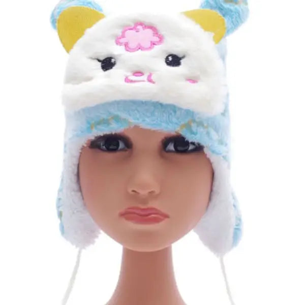 Toddler Baby Blue Teddy Bear Fur Lined Ear Muff Beanie