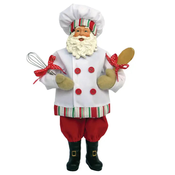 Baking Santa Figurine Wearing Oven Mitts & Holding a Wisk & Wooden Spoon