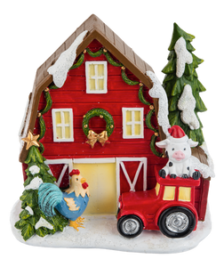 Christmas Red Barn Figurine With Red Tractor/Rooster & Cow