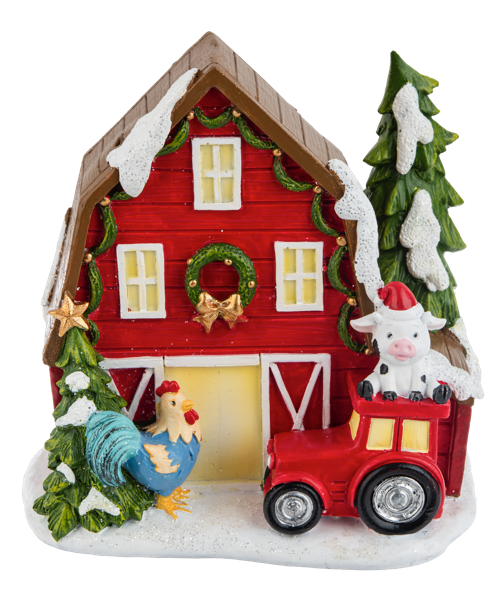 Christmas Red Barn Figurine With Red Tractor/Rooster & Cow