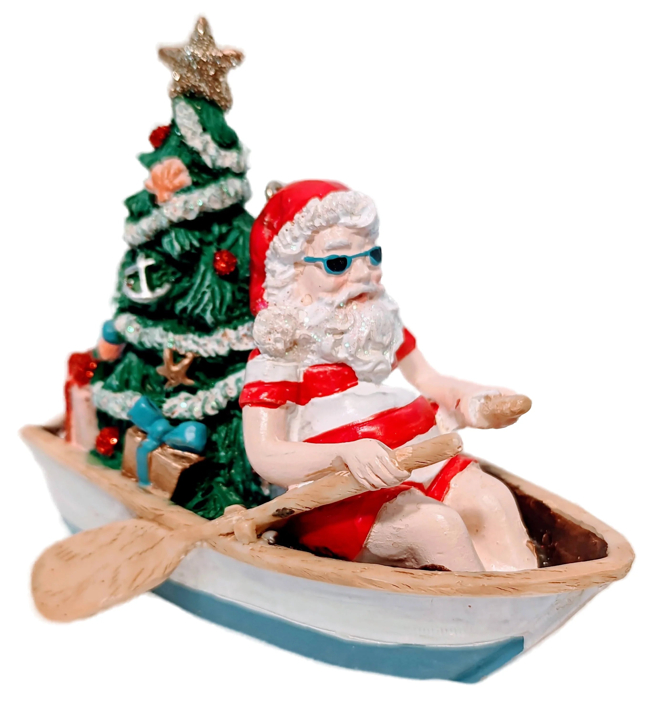 Coastal Santa In a Row Boat Ornament with a Christmas Tree THE