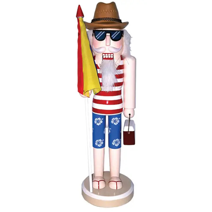 Wooden  Beach Santa Nutcracker Holding Beach Umbrella