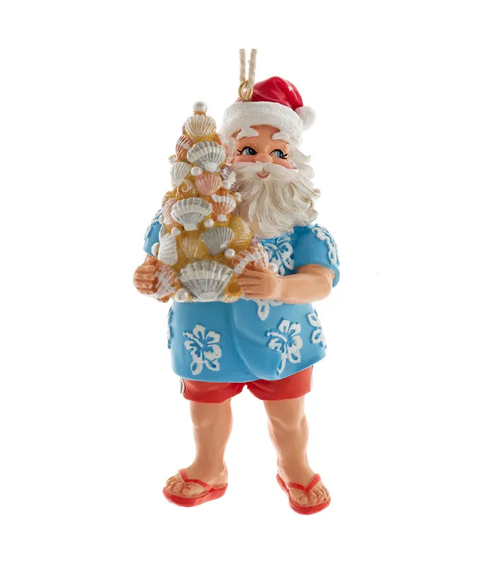 Beach Santa Ornament Holding a Sand Christmas Tree With Seashells