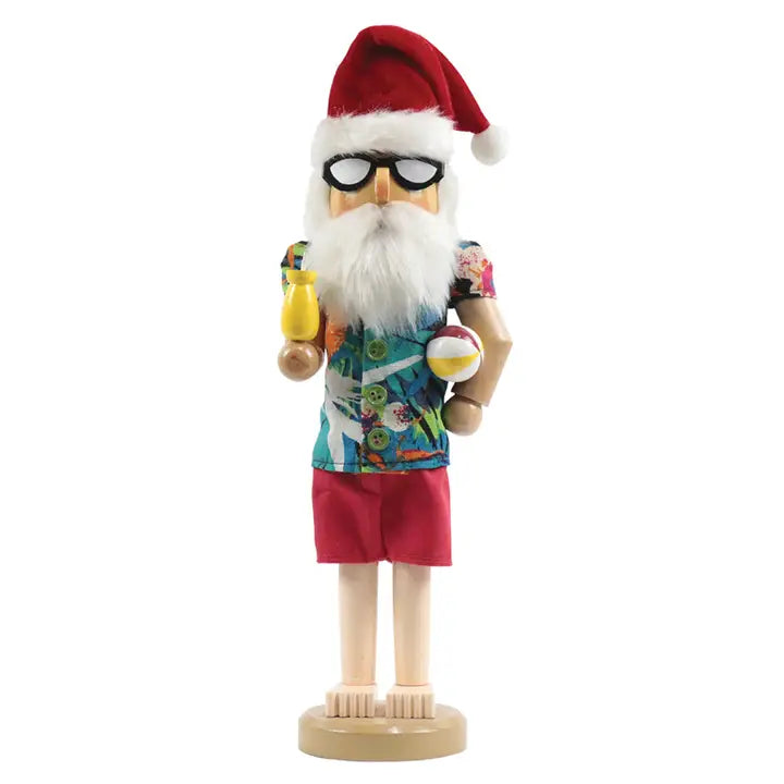 Wooden Beach time Santa Nutcracker Holding a Cocktail & Beach Ball