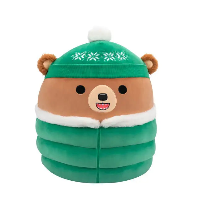 Plush Bear Wearing a Green Puffer Jacket & Green Winter hat