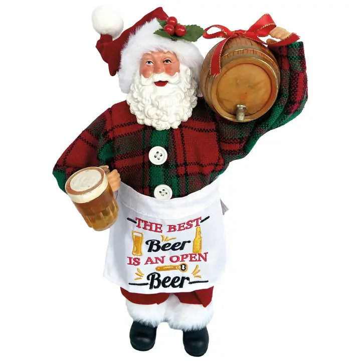 Santa Figurine Holding Beer Barrel & Mug Of beer- The Best Beer is an Open Beer