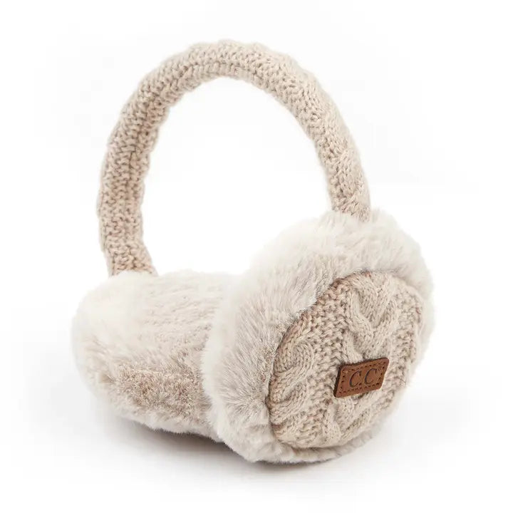 Ladies Cable Knit Faux Fur Beige Ear Muffs