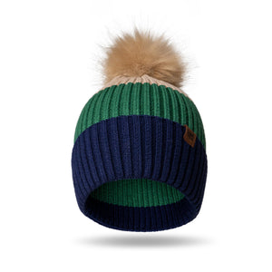 Kids Knit Pom Pom Winter Hat - Beige/Green/Navy blue
