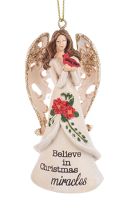 Angel Ornament Holding Red Cardinal - Believe in Christmas Miracles