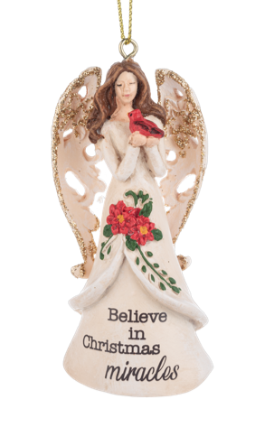 Angel Ornament Holding Red Cardinal - Believe in Christmas Miracles