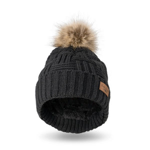 Ladies Black Plush Lined Pom Hat