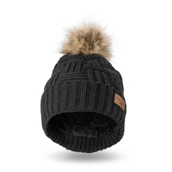 Ladies Black Plush Lined Pom Hat