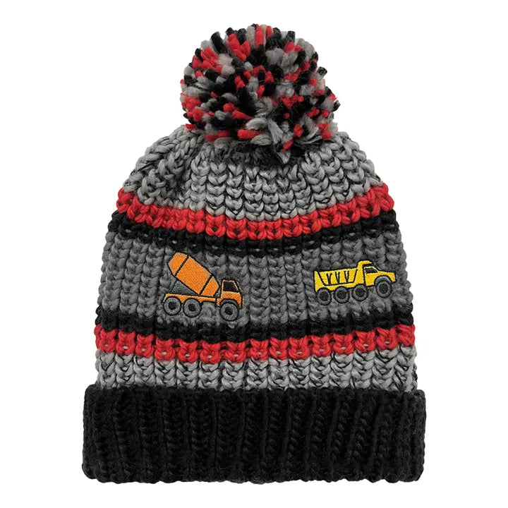 Toddler Boys Red/Grey/Black Knit Cuff Hat With Embroidered Trucks