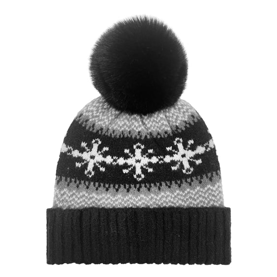 Girls Black Plush Lined Snowflake Beanie