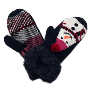 Ladies Snowman Black Mittens with Faux Fur Cuffs