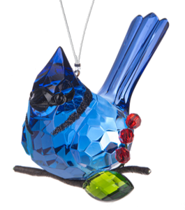 Acrylic Elegant Berry Blue Jay Bird Ornament with Twig & Red Berries