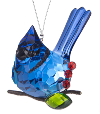 Acrylic Elegant Berry Blue Jay Bird Ornament with Twig & Red Berries