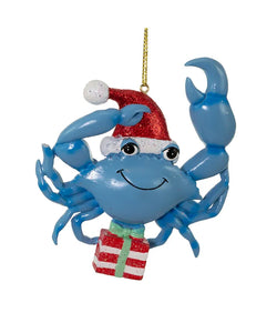 Whimsical Blue Sea Crab Ornament  Holding Christmas Gift