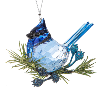 Acrylic Blue Jay Ornament with Greenery & Blue Berries