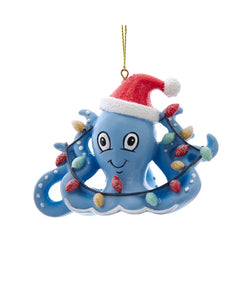 Whimsical Blue Octopus Ornament Wearing Santa Hat