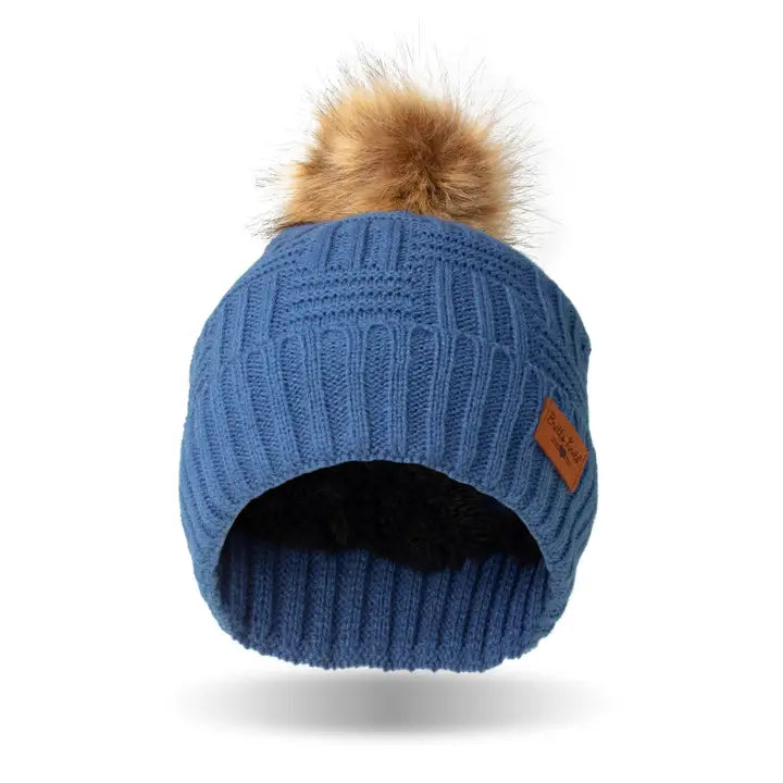 Ladies Blue Plush Lined Pom Hat