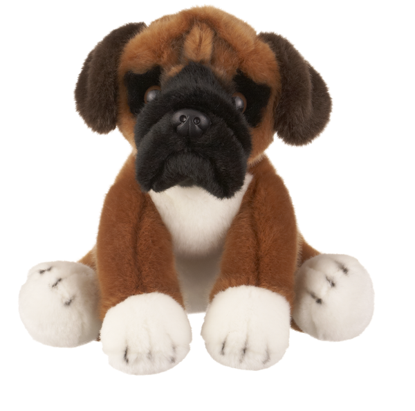 Plush Brown/White Boxer Puppy with Black Face & Black Ears