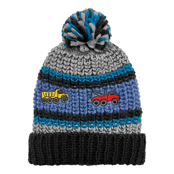 Toddler Boys Blue/Black Knit Cuff Hat With Embroidered Trucks