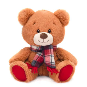 Plush Brown Bear Wearing Red Plaid Scarf