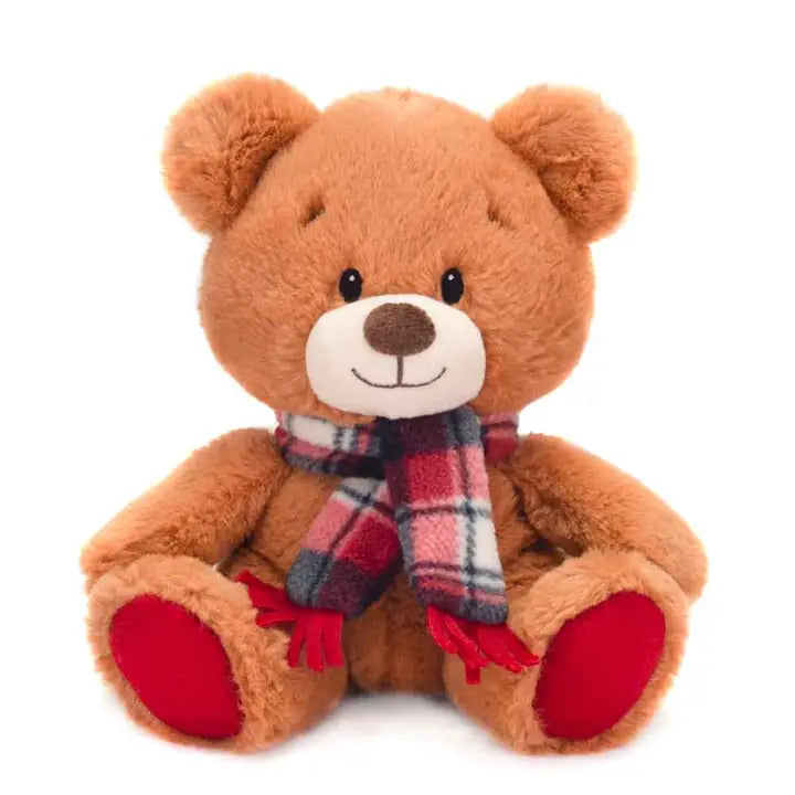 Plush Brown Bear Wearing Red Plaid Scarf