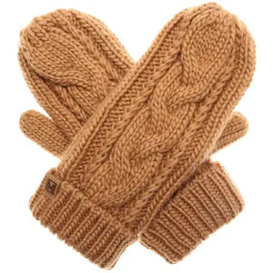 Ladies Cable Knit Fleece Lined Brown Mittens