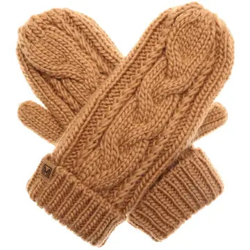 Ladies Cable Knit Fleece Lined Brown Mittens