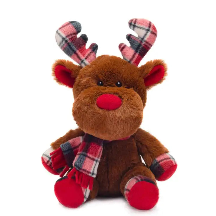 Plush Brown Christmas Moose with Plaid Antlers & Scarf
