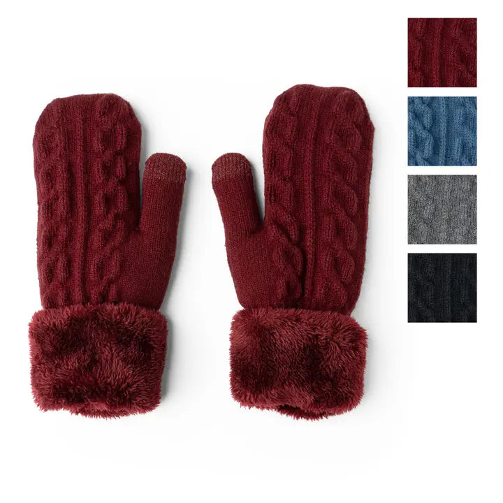 Ladies Cozy Cable Knit Burgundy Mittens