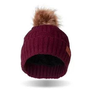 Ladies Burgundy Plush Lined Pom Hat