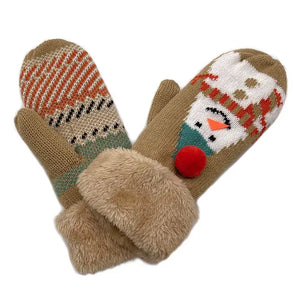 Ladies Snowman Camel Mittens with Faux Fur Cuffs