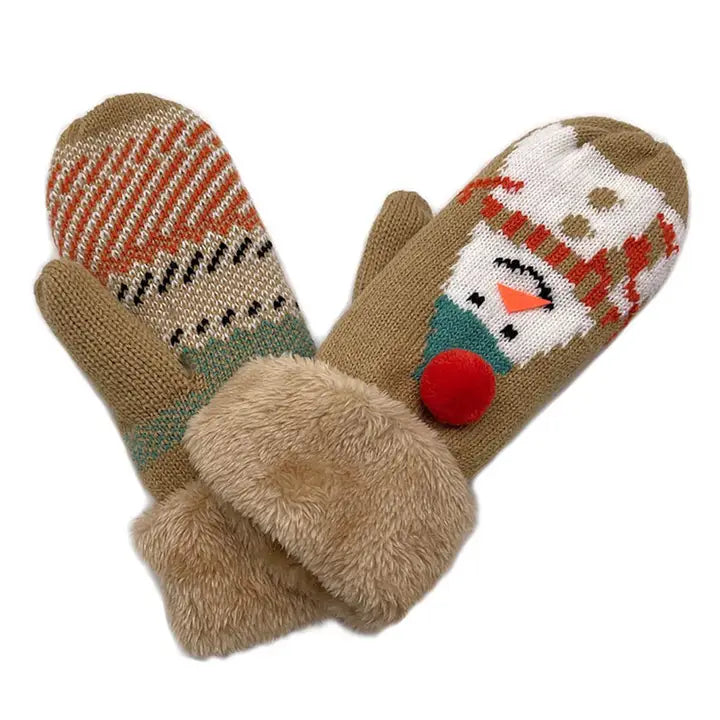 Ladies Snowman Camel Mittens with Faux Fur Cuffs