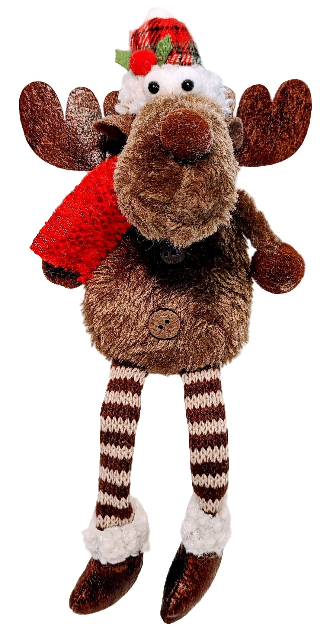 Plush Moose Shelf Sitter Wearing Red Plaid Winter Hat & Red Scarf